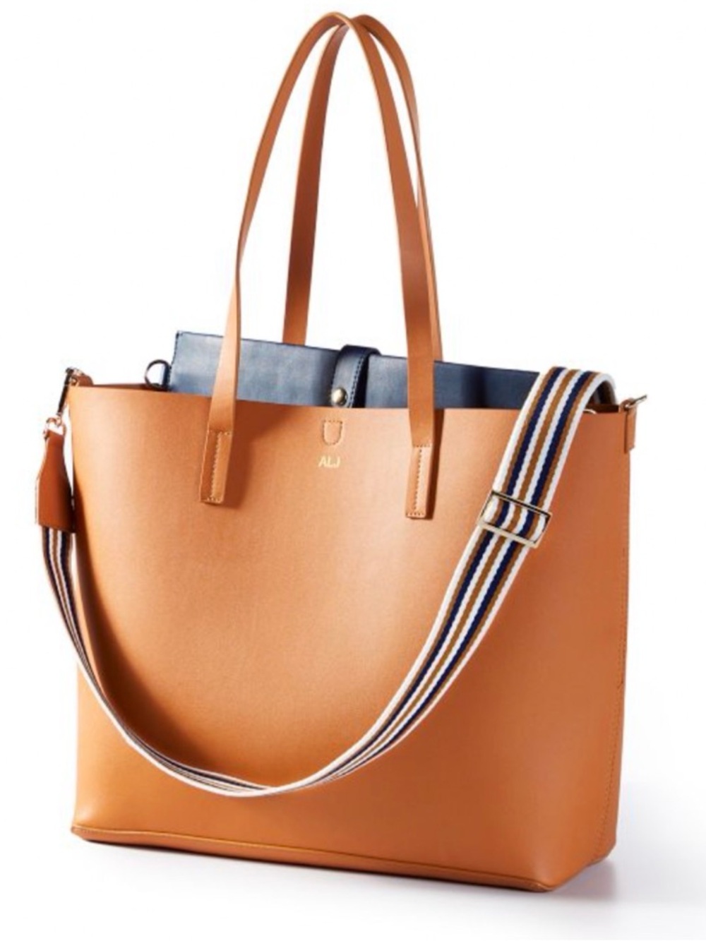 Mark & Graham Caramel Leather Tote with Navy Liner and Striped Strap
